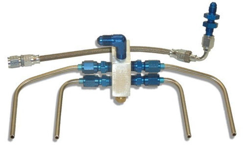 MPS Spyder Dry Nitrous Kit for Suzuki GSXR1000, GSXR750, and GSXR600, close-up view of the blue and silver metallic components for enhanced motorcycle performance. Loading Image