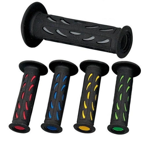 Renthal ProGrip Dual Density Sport Bike Grips Model 724, set of four colorful molded rubber bike handlebar grips in red, blue, yellow, and green with textured surface and dual-density design. Loading Image