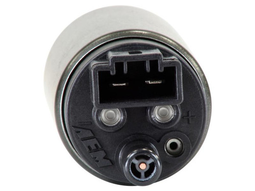 AEM 320 LPH High Flow In-Tank Fuel Pump Suzuki Hayabusa (01-12), close-up image showing the top view of the fuel pump with electrical connectors and inlet/outlet ports. AEM 320 LPH High Flow In-Tank Fuel Pump Suzuki Hayabusa (01-12), close-up image showing the top view of the fuel pump with electrical connectors and inlet/outlet ports.