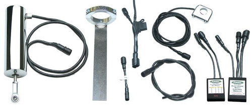 Pingel Easy Shift Electric Shifter Universal Kit For 1" Handlebars, complete kit with wiring, connectors, control modules, and mounting hardware for motorcycle gear shifting. Loading Image