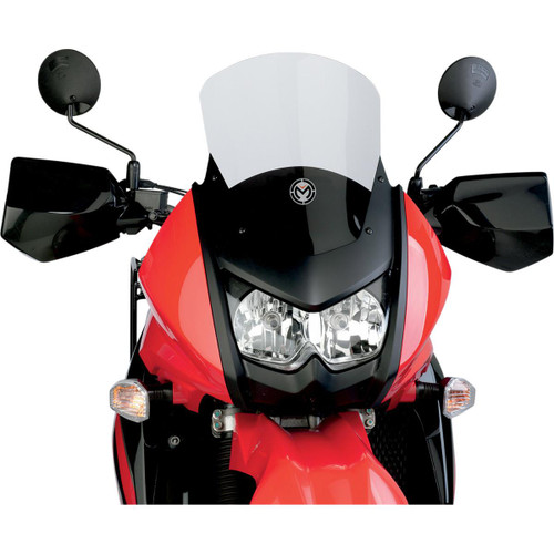 Moose Racing Windscreen +2 Kawasaki KLR650, front view of the tall, clear windscreen mounted on a red Kawasaki KLR650 motorcycle with black accents and dual headlights. Loading Image