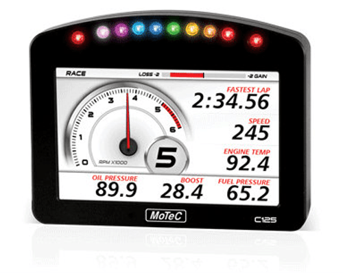 Motec Dash C125 Race Display Kit, digital racing dashboard with multiple gauges, status indicators, and a large central speed display. Motec Dash C125 Race Display Kit, digital racing dashboard with multiple gauges, status indicators, and a large central speed display.