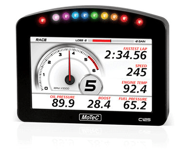 Motec Dash C125 Race Display Kit, digital racing dashboard with multiple gauges, status indicators, and a large central speed display.