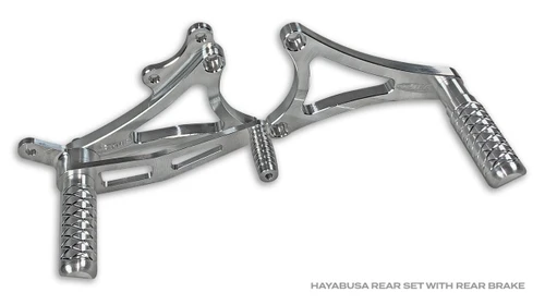 DME Rear Sets, Suzuki Hayabusa (99-26), high-quality aluminum motorcycle rear footpegs with a sleek silver finish