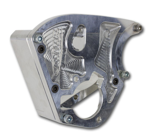 DME Billet Case Saver Front Sprocket Cover Suzuki Hayabusa (99-07), a polished aluminum motorcycle sprocket cover with engraved logos and detailed design for durability and style.