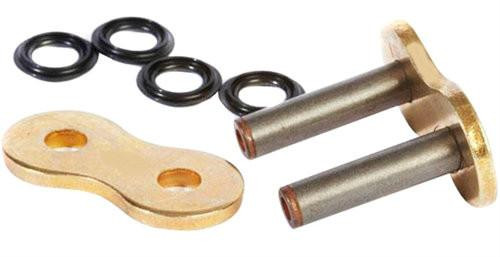 EK Chain 530 ZVX-3 X-Ring Master Connecting Link, technical bicycle chain master link with two metal pins, rubber O-rings, and gold-colored connector plate for bike chain repair and maintenance. Loading Image