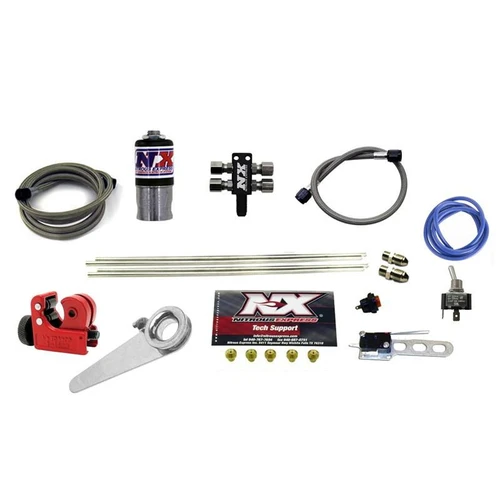 NX Four Cylinder Motorcycle DDR Nitrous System, image showing various installation components including hoses, fittings, solenoid, and mounting hardware.