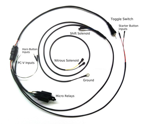Ryan Schnitz Racing RSR PC-V Air Shifter/Nitrous Race Spec Wiring Harness Kawasaki ZX14R (12-25), motorcycle racing wiring harness with labeled components including toggle switch, starter button inputs, shift and nitrous solenoids, ground, micro relays, horn button inputs, and PC-V inputs. Loading Image
