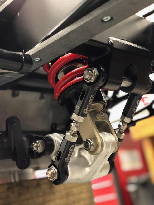 Brocks Performance Brocks Window Lowering Links for Suzuki GSX1300R Hayabusa, close-up view of motorcycle suspension parts.