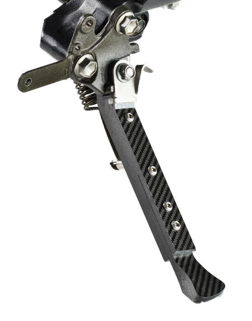 Montgomery Motorsports Carbon Fiber Adjustable Kickstand Suzuki Hayabusa (99-20), close-up view of the carbon fiber kickstand showcasing its sleek design and mounting hardware. Loading Image