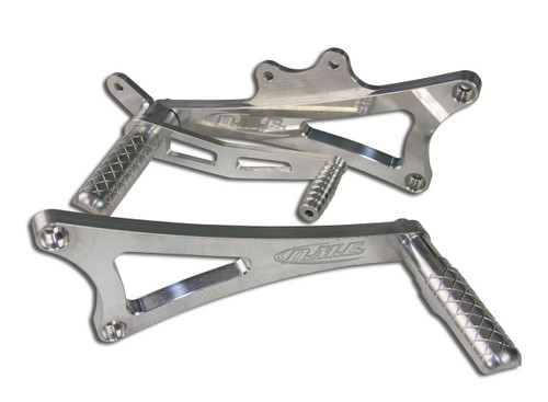 DME Rear Sets, Kawasaki ZX14R (06-26), motorcycle footpegs and foot control brackets in silver aluminum with CNC machined finish. Loading Image