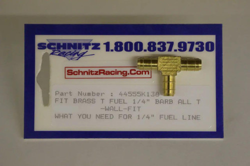 Schnitz Fitting Brass Barb Tee 1/4 inch Fuel Line, brass fitting designed for 1/4 inch fuel line connections.