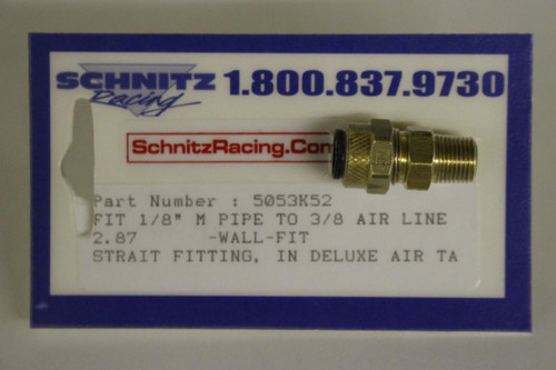 Schnitz Fitting 1/8" Male Pipe to 3/8" Air Line, metal air fitting with threaded end for connecting air lines and pneumatic systems. Loading Image