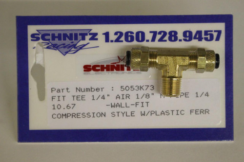 Schnitz Fitting Tee 1/4" Air Line x 1/8" Male Pipe x 1/4" Air Line, brass fitting with threaded connections and plastic ferrules, for pneumatic air systems. Loading Image