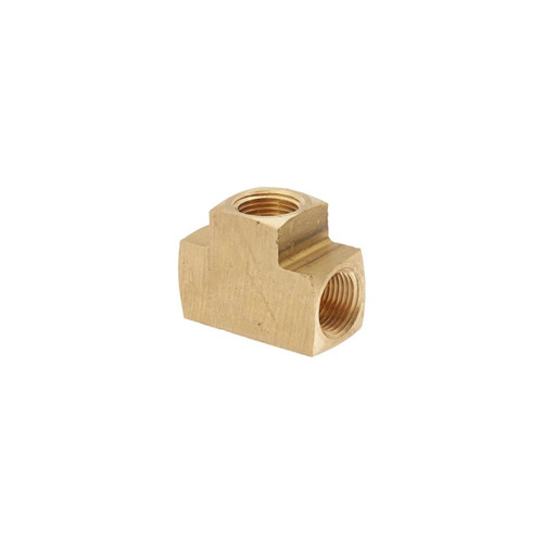 Schnitz Racing Schnitz Fitting Brass Tee 3/8" NPT Female, brass tee fitting with threaded openings for connecting hoses or pipes in automotive or plumbing applications. Loading Image