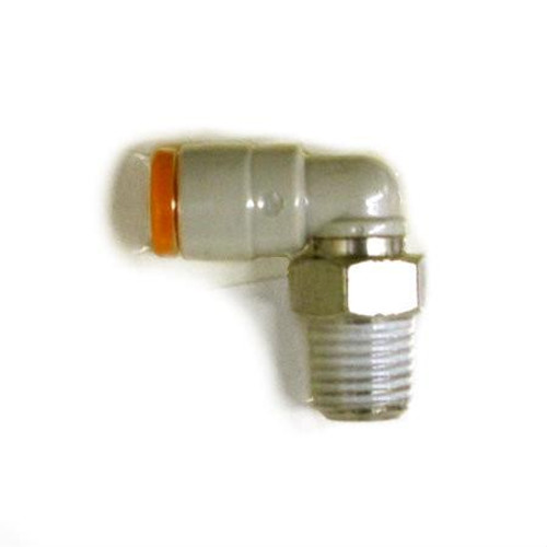 Schnitz Racing Schnitz Fitting Steel Quick Connect 90 Degree 1/16" NPT Male to 1/8" Line, close-up of the straight and angled metallic fitting with threaded end and orange ring. Loading Image