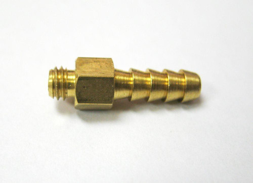 Schnitz Racing Brass Barbed Fitting, 10/32" Male Thread to 1/4" Line, gold-colored metal connector for fuel or fluid lines. Loading Image