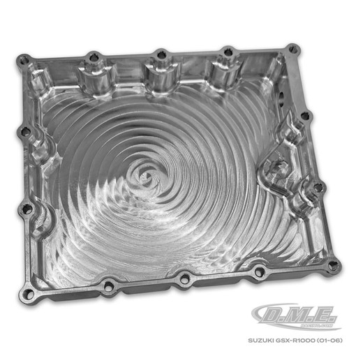 DME Low Profile Billet Oil Pan Suzuki GSXR1000 (01-08), image showing a silver, machined billet aluminum oil pan with a spiral pattern on the bottom.