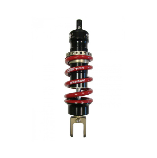Penske Racing Shocks, Penske Double Adjustable Inline Sport Shock for Kawasaki Concours 14, close-up of black shock absorber with red coil spring, damping adjuster, and mounting hardware. Loading Image