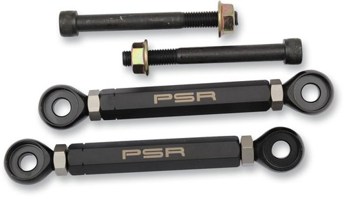 PSR Adjustable Lowering Links Suzuki GSXR1000 (01-06), GSXR750 (96-05), GSXR600 (96-05), with mounting bolts, black finish, and labeled with PSR logo for motorcycle suspension adjustments. Loading Image