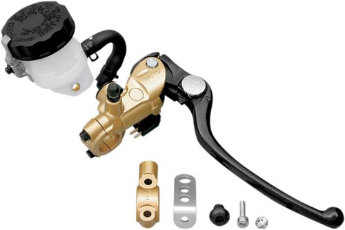 Nissin Radial Master Cylinder Brake Kit, gold-colored master cylinder with black lever and attached brake fluid reservoir. Loading Image