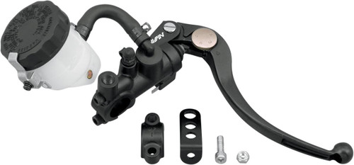 Nissin Radial Master Cylinder Brake Kit, motorcycle braking system component with a black and white master cylinder, brake lever, and mounting hardware. Nissin Radial Master Cylinder Brake Kit, motorcycle braking system component with a black and white master cylinder, brake lever, and mounting hardware.