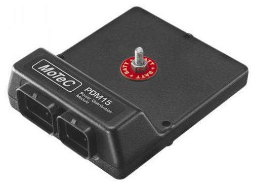 Motec PDM15 Power Distribution Module, compact black electronic module with power input ports and a red battery warning switch. Loading Image