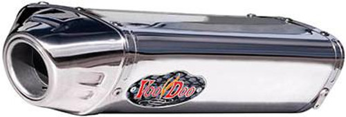 VooDoo Performance Series Slip On Exhaust Kawasaki ZX6R/RR (07-08), shiny chrome motorcycle exhaust pipe with VooDoo logo. Loading Image