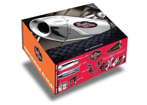 VooDoo Performance Series Slip On Exhaust Kawasaki ZX14R (12-25), front view of the stainless steel motorcycle exhaust with VooDoo logo, in a retail packaging box with graphics of exhaust components and motorcycle accessories.
