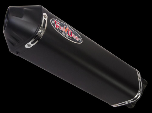 VooDoo Performance Series Slip On Exhaust for Suzuki GSXR1000, GSXR750, GSXR600 models, steel construction with black finish and VooDoo logo.