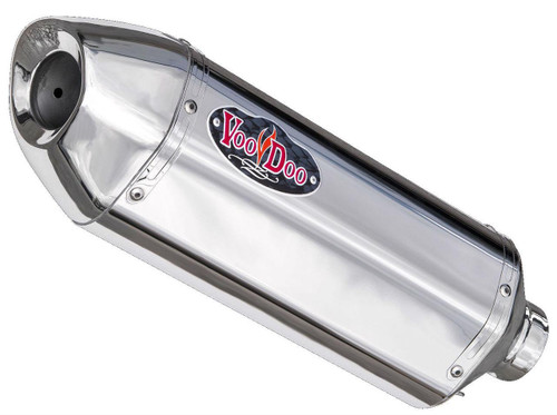 VooDoo Performance Series Slip On Exhaust for Suzuki GSXR750 (11-17) and GSXR600 (11-17), chrome finish with VooDoo logo, motorcycle exhaust pipe. Loading Image