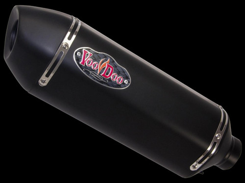 VooDoo Performance Series Slip On Exhaust Suzuki GSXR1000 (09-11), black motorcycle exhaust with a VooDoo logo
