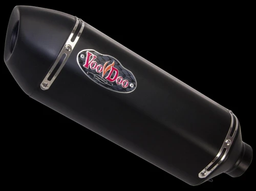 VooDoo Performance Series Slip On Exhaust Suzuki GSXR1000 (12-16), black and silver motorcycle exhaust with VooDoo logo.