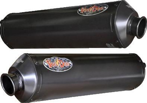 VooDoo Performance Series Slip On Exhaust Suzuki GSX1300R Hayabusa (99-07), black motorcycle exhaust pipes with a sleek finish and VooDoo logo VooDoo Performance Series Slip On Exhaust Suzuki GSX1300R Hayabusa (99-07), black motorcycle exhaust pipes with a sleek finish and VooDoo logo