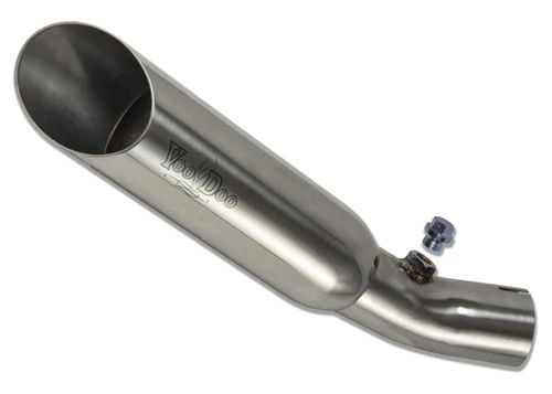 VooDoo Shorty Slip On Exhaust for Honda CBR600F4i (01-06), stainless steel motorcycle exhaust pipe with VooDoo branding.