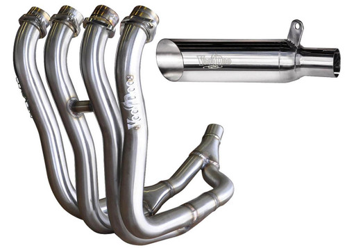VooDoo Shorty Exhaust for Suzuki GSXR1000, GSXR750, GSXR600, metal motorcycle exhaust system with a shiny chrome finish.