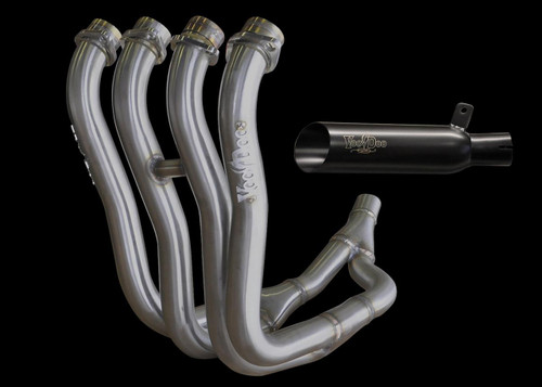 VooDoo Shorty Exhaust for Suzuki GSXR1000 (01-04), GSXR750 (00-05), GSXR600 (01-05), motorcycle exhaust system with four curved exhaust pipes and a black muffler. Loading Image