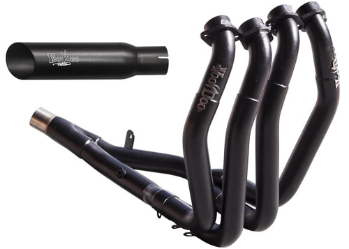 VooDoo Shorty Exhaust Suzuki GSXR1300R Hayabusa (99-21), black shorty motorcycle exhaust system with four curved pipes and matching black muffler. Loading Image