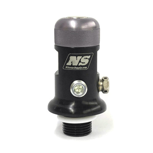 Nitrous Supply 3/4 Inch Thread High Flow Bottle Valve, black high flow bottle valve with silver top and side port for nitrous oxide system. Loading Image