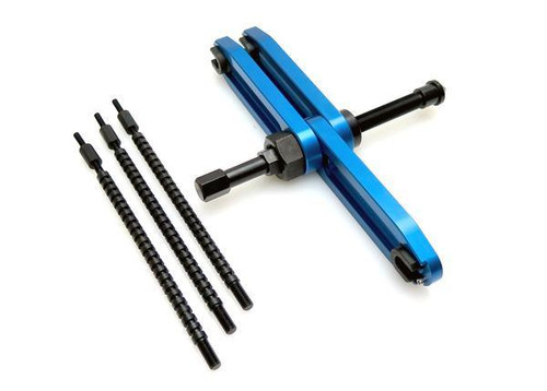 Motion Pro Crankcase Splitter V2, motorcycle engine repair tool with blue aluminum splitter and three black extraction screws. Loading Image
