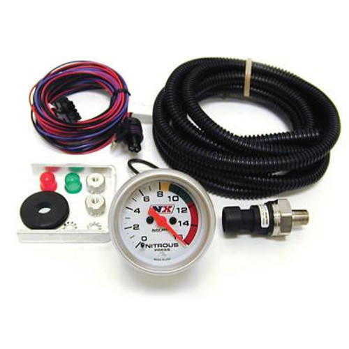 NX Nitrous Express Electric Bottle Pressure Gauge with Sensor, automotive nitrous oxide system pressure monitoring device with wiring, sensor, and accessories. Loading Image