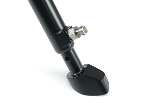 Brooks Performance Brocks Adjustable BrockSTAND Kickstand Kawasaki ZX14R (06-26), close-up of the black motorcycle kickstand showing its metal mounting point and sleek design. Brooks Performance Brocks Adjustable BrockSTAND Kickstand Kawasaki ZX14R (06-26), close-up of the black motorcycle kickstand showing its metal mounting point and sleek design.