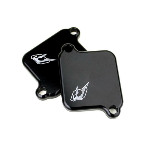 Driven Air Injection Block Off Plates, black metal automotive engine parts with logo, designed for blocking air injection system. Loading Image