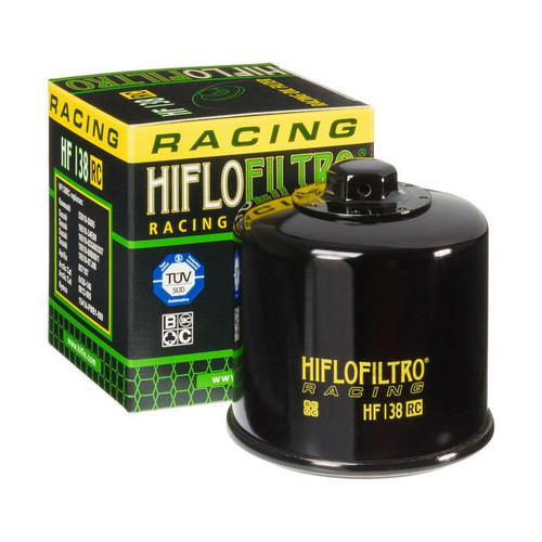 HiFloFiltro Racing Oil Filter Suzuki GSXR1000 01-20, black racing oil filter with yellow branding and packaging box. Loading Image
