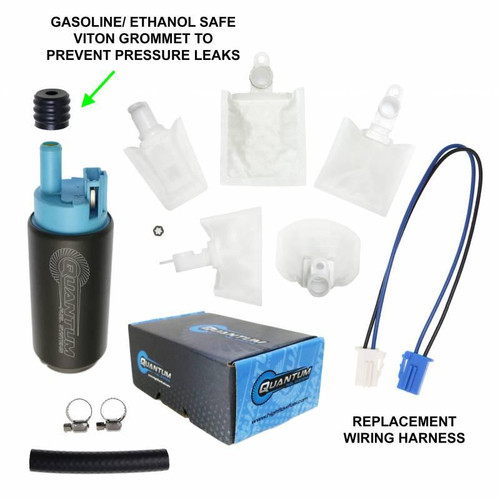 Quantum Fuel Systems Quantum Replacement Fuel Pump Kawasaki H2/H2R (15-18), image of a black and blue fuel pump with various attachments and replacement wiring harness for Kawasaki H2/H2R.