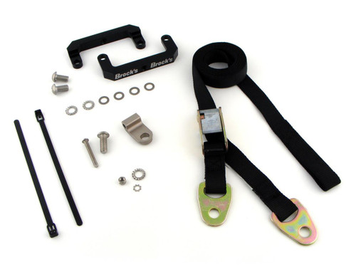 Brocks Performance Front End Lowering Strap Kit Kawasaki ZX-6R/RR (03-10), package of motorcycle front lowering strap kit with mounting hardware, straps, bolts, washers, and brackets. Loading Image