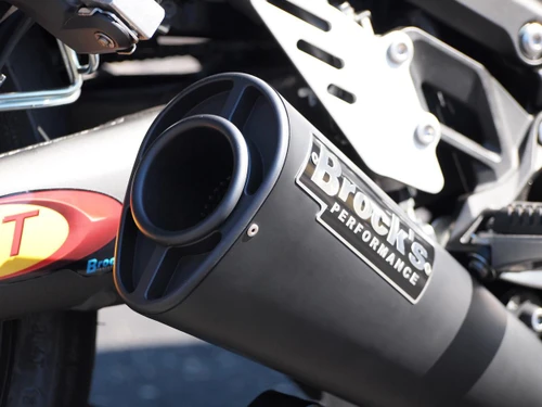 Brocks Performance Brocks Alien Head 2 Full Exhaust 14" Muffler Black Kawasaki ZX14R 12-25, close-up of the black exhaust muffler with Brocks Performance logo, mounted on a Kawasaki ZX14R motorcycle.