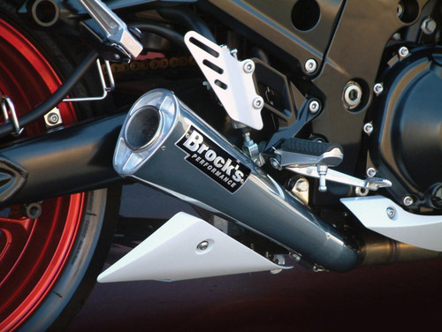 Brocks Performance Brocks Alien Head Full Exhaust 14" Muffler Black Kawasaki ZX14 (06-11), close-up of the black motorcycle exhaust with Brocks logo.