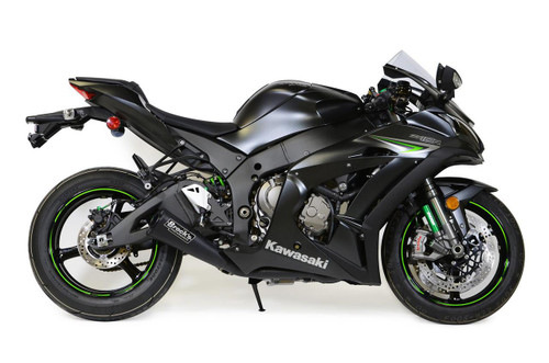 Brocks Performance Brocks Alien Head 2 Full Exhaust 14" Muffler Black Kawasaki ZX10R (16-20), black motorcycle with green accents and exhaust system. Brocks Performance Brocks Alien Head 2 Full Exhaust 14" Muffler Black Kawasaki ZX10R (16-20), black motorcycle with green accents and exhaust system.