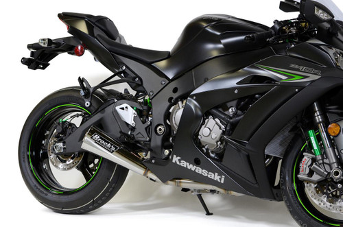 Brocks Performance Brocks Alien Head 2 Full Exhaust 14" Muffler Kawasaki ZX10R (16-20), black motorcycle with green accents and aftermarket exhaust system.